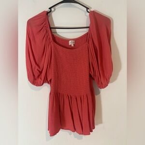 Keep in Touch Womens Large Short Sleeve Shirt Ruching Coral Business Casual NWOT
